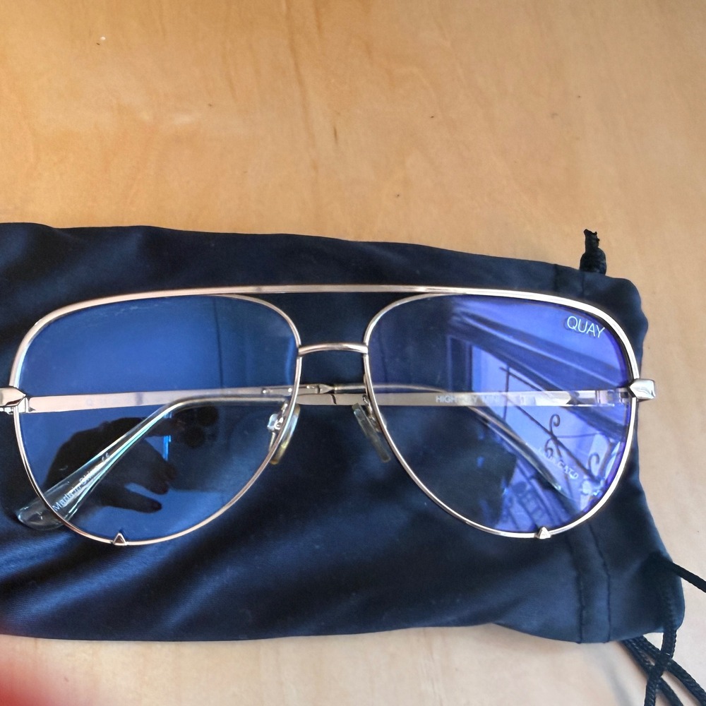 Quay Australia High Key Mini blue light blocking glasses gold-tone metal frame.